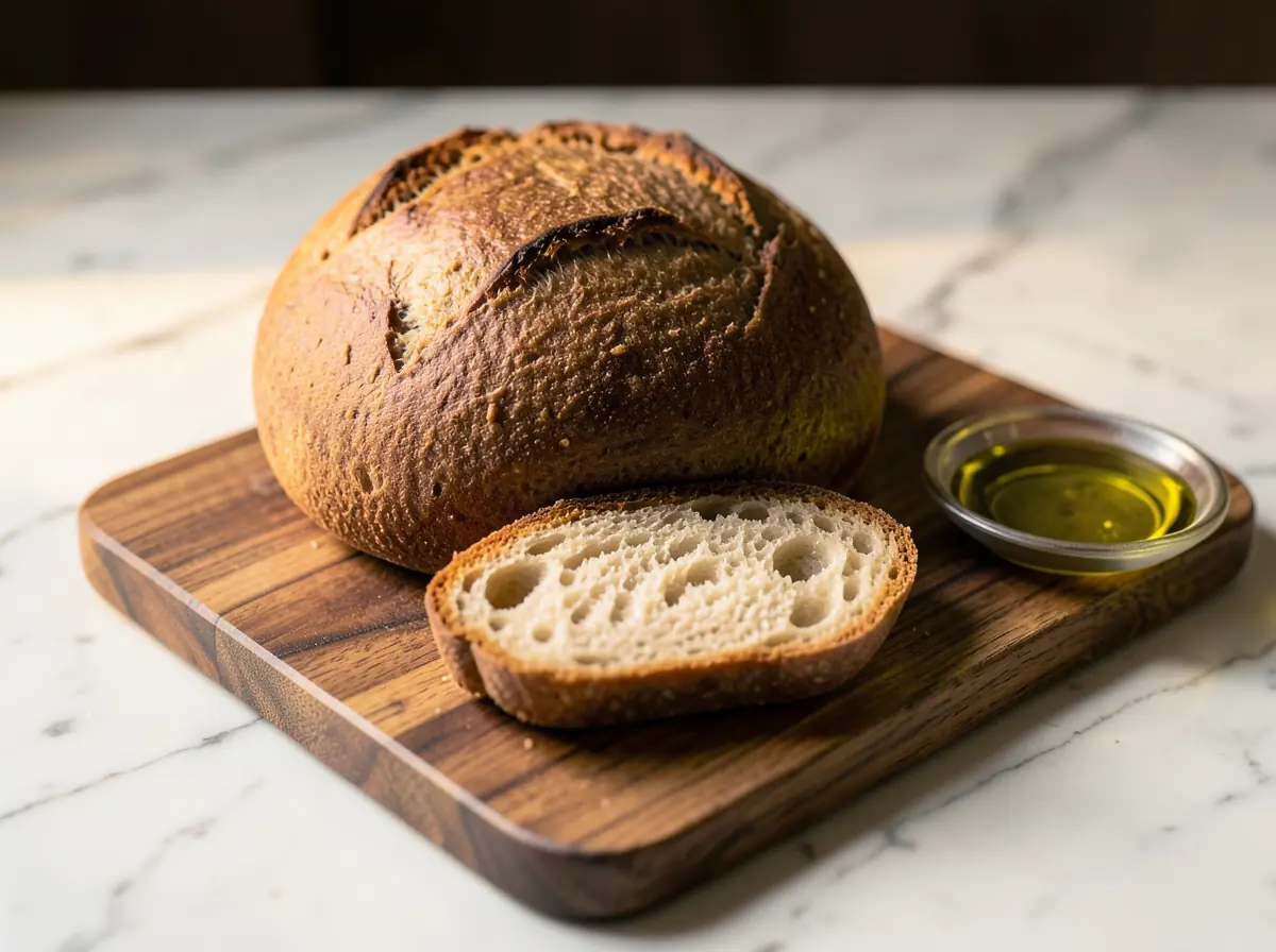 Illustration: a sourdough loaf with one slice cut, on a walnut board beside a dish of olive oil.