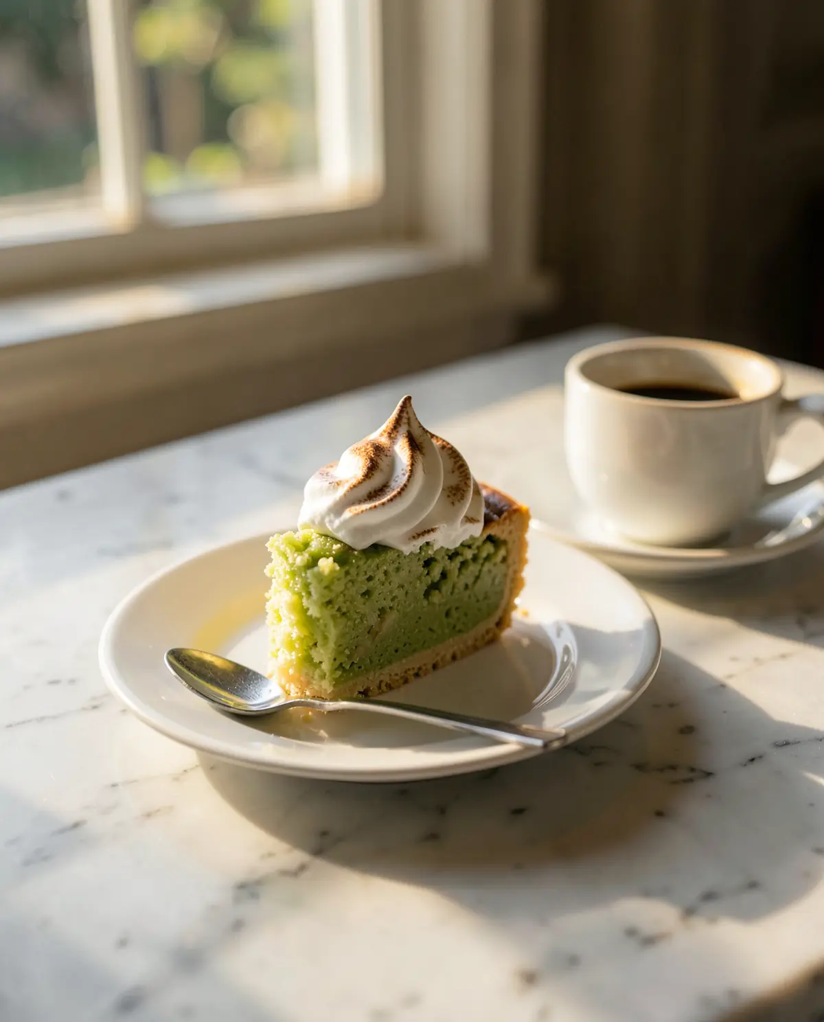 A slice of key lime tart with torched meringue (illustrative, generated).