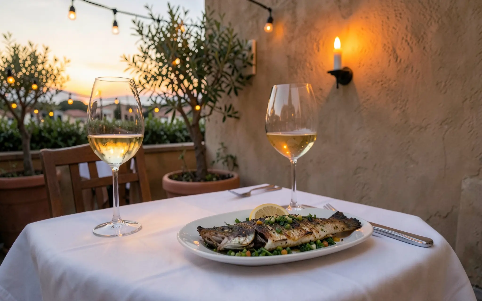 Grilled snapper on a candlelit terrace table at sunset (illustrative, generated).