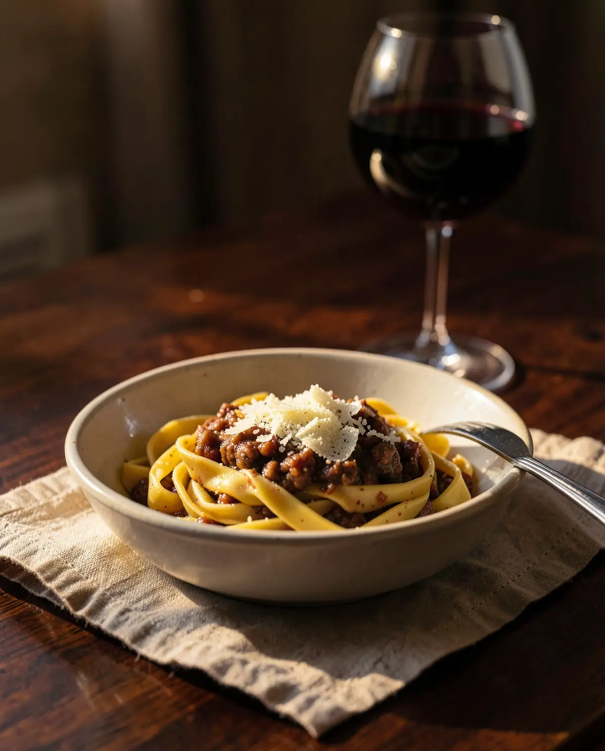 Handmade pappardelle with ragù in a shallow bowl (illustrative, generated).